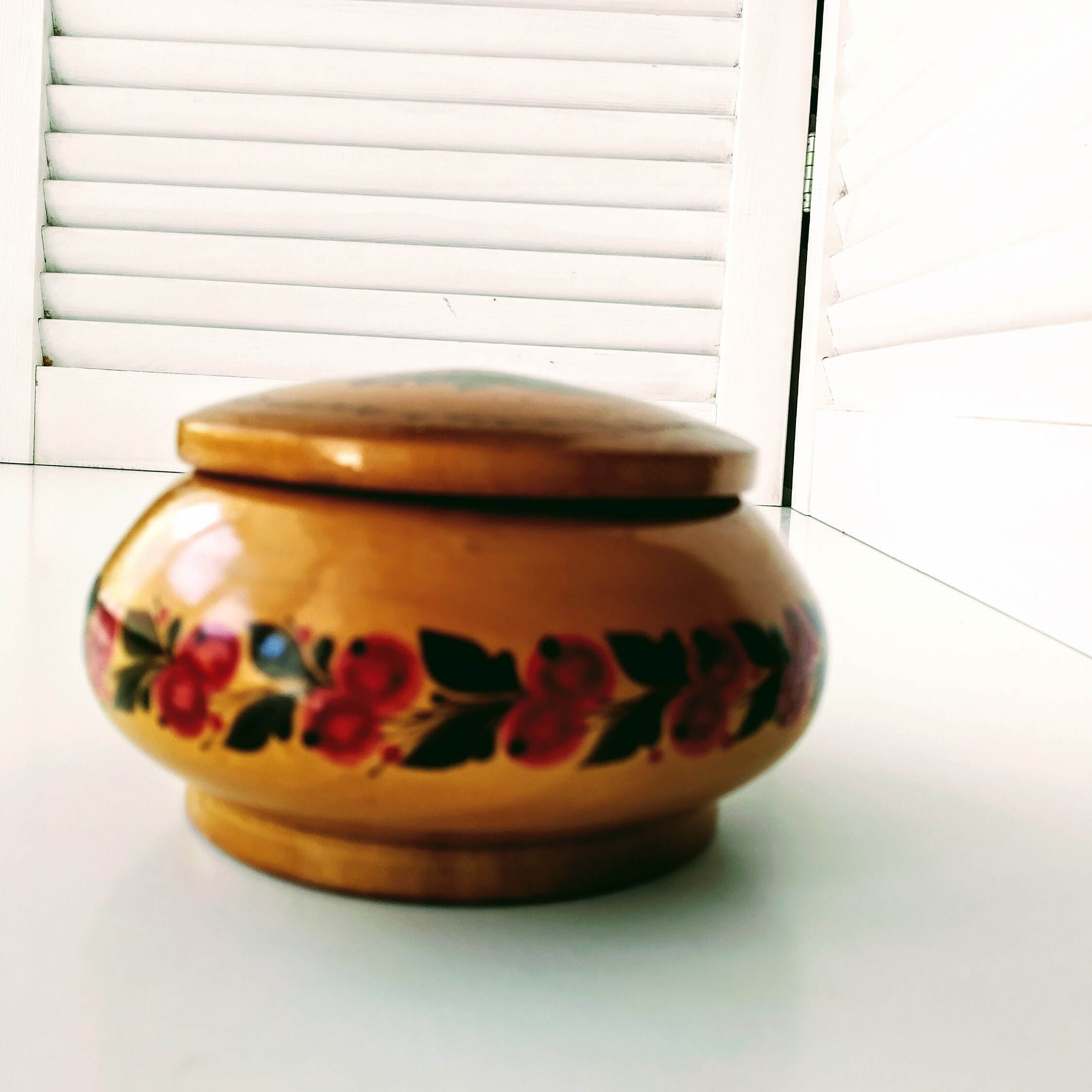 Vintage Wood Box With Lid Round Box Decorated by Painting Etsy