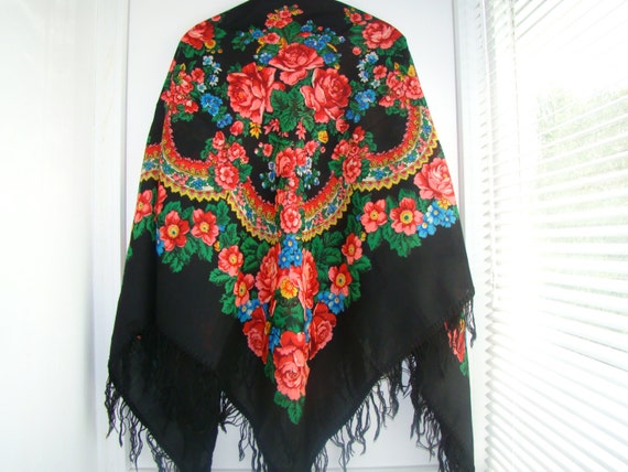 57" Large Black Floral Shawl Fringe Ukrainian Sha… - image 2