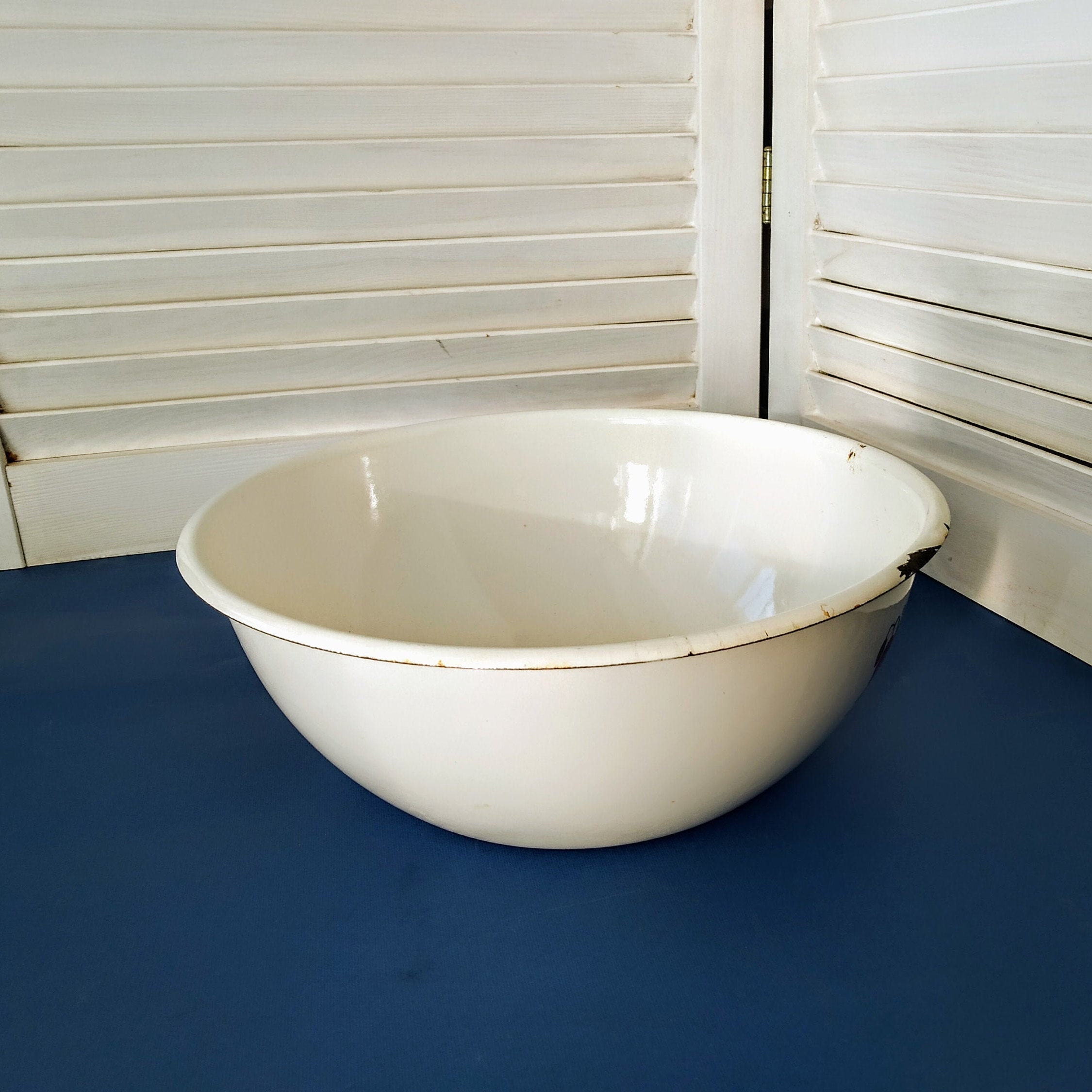 White enamel bowl Vintage mixing bowl with red flowers Etsy