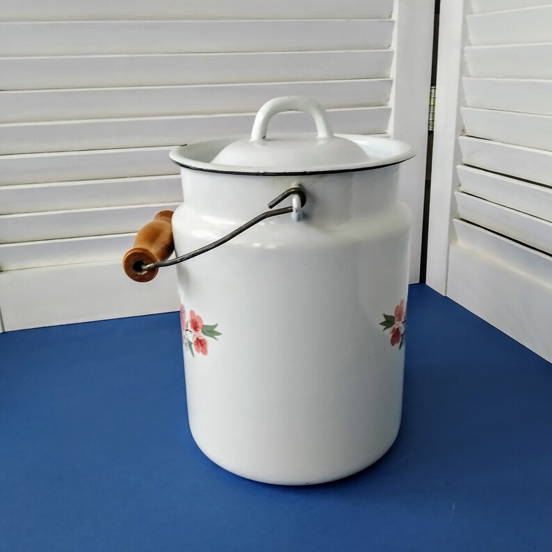 White Enamel Milk Can Vintage Enamelware Canister Metal Milk Etsy
