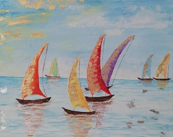 Handgemaltes Acrylgemälde Handgemalt Segelboote Landschaft Meer Regatte Original
