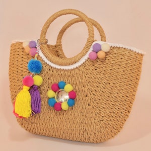 Straw tote handbag| Sicilian Gelato| Natural Beach Bag| Tassel Pompoms| Beach bag| Tassel Pom Pom Decoration|