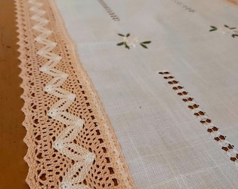 Vintage Table Runner| Italian Embroidery Table Runner|White Cotton with Peach & White  Crochet Border|Farmhouse Decor|
