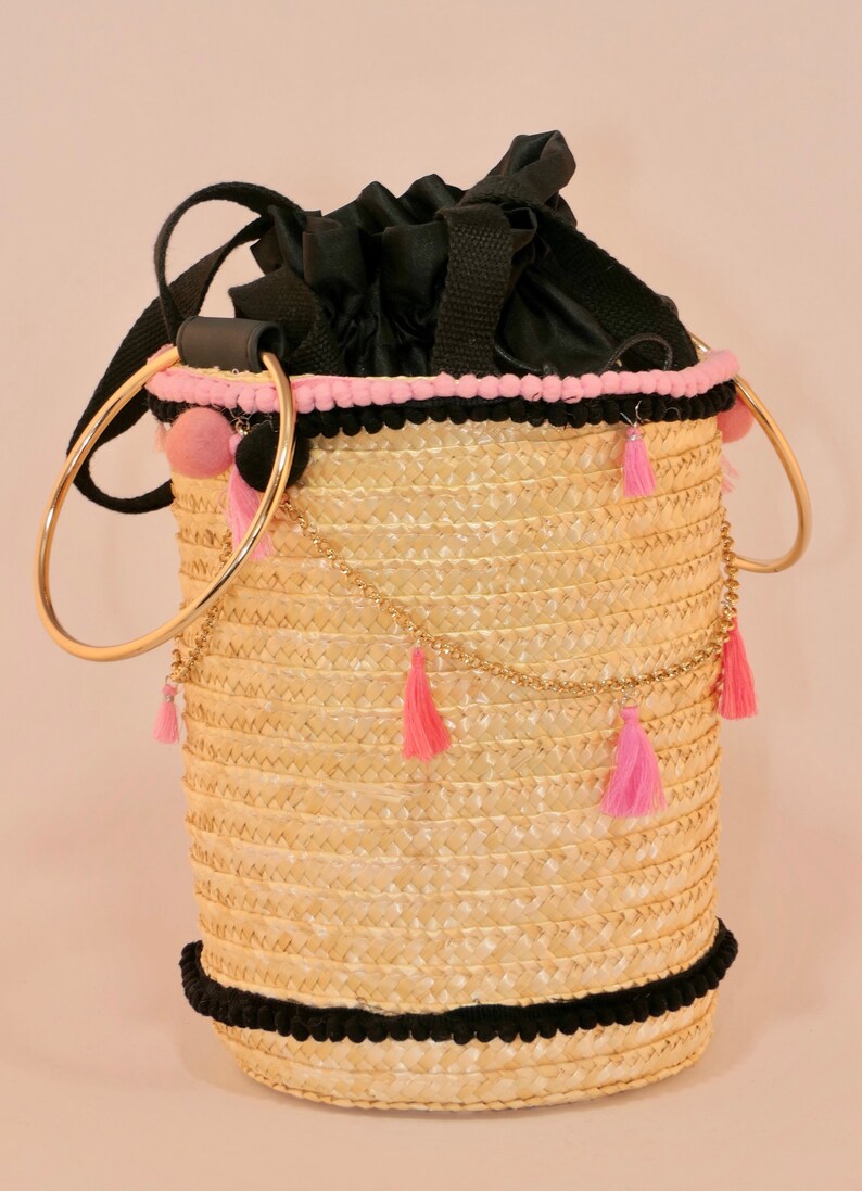 Straw Tote Handbagcoffa Bucket Bag spicy Sicilian Woven Straw Pink