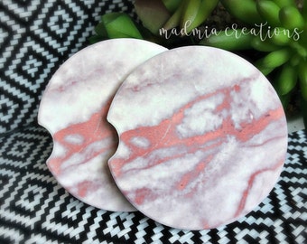 Marbled Rose Gold Car Coasters {Set of 2 Sandstone Coasters}