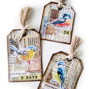 Vintage style bird tags, Set of three junk journal bird tags, 3 handmade Junk journal tags