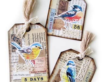 Vintage style bird tags, Set of three junk journal bird tags, 3 handmade Junk journal tags