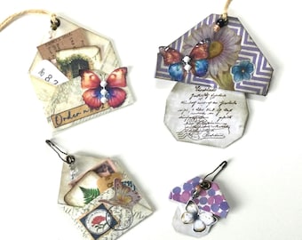 4 Butterfly Junk Journal Embellished Tags | Mushroom and envelopes tags for gift wrapping and decoration