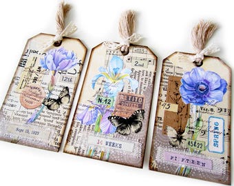 Vintage style flower tags, Set of three junk journal flower tags, 3 handmade Junk journal tags