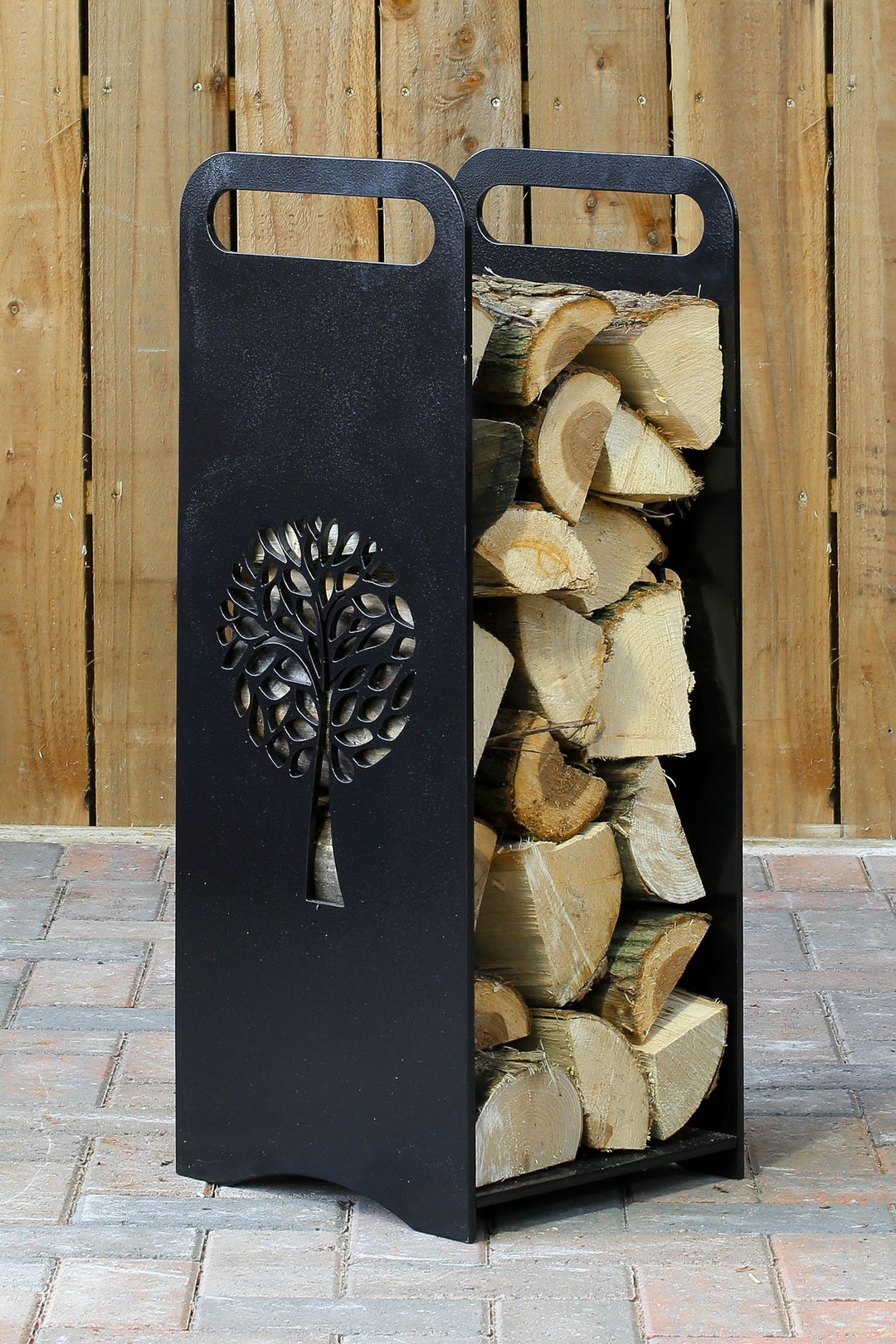 Steel Log Basket With Tree Cutout Suitable for Use Indoors or Outdoors