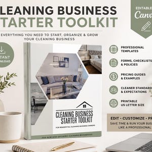 May include: A cleaning business starter toolkit with the text "CLEANING BUSINESS STARTER TOOLKIT" and "INSTANT DOWNLOAD". The cover features a living room scene. Includes professional templates, forms, checklists, pricing guides, and cleaner standards.