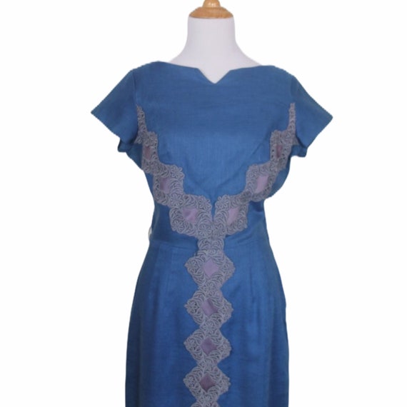 Vintage 50s Blue Trellis Linen Dress - Size Small… - image 7