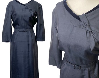 Vintage 1950s Navy Bow Dress - Size Extra Small