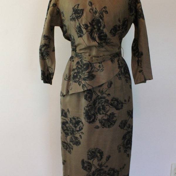 Vintage 1940s Brown Floral Dress - Belted, Peplum, 40s Dress - by De De Johnson - Size Small, Medium