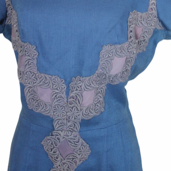 Vintage 50s Blue Trellis Linen Dress - Size Small… - image 3