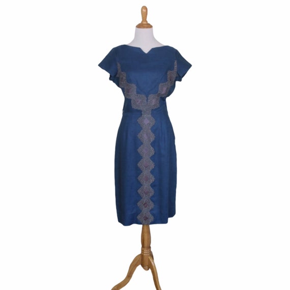 Vintage 50s Blue Trellis Linen Dress - Size Small… - image 2