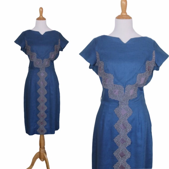 Vintage 50s Blue Trellis Linen Dress - Size Small… - image 1