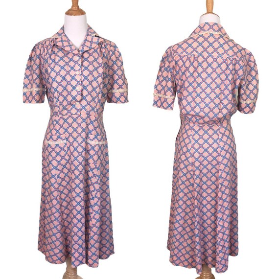 Vintage 1930s 1940s Feedsack Dress - Size Medium
