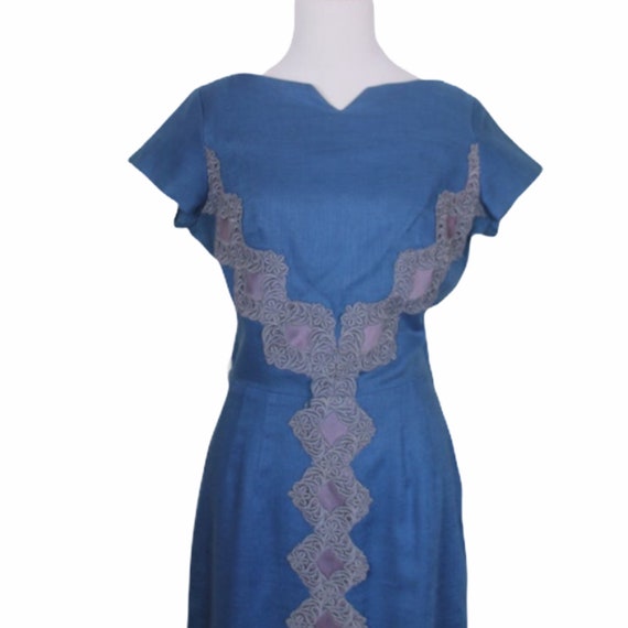 Vintage 50s Blue Trellis Linen Dress - Size Small… - image 4