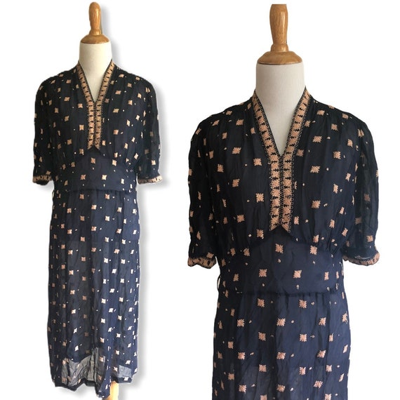 Vintage 1930s 1940s Embroidered Sheer Dress - Size