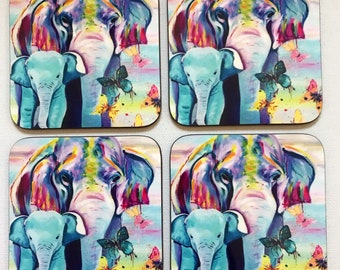 Elephant Coasters | Coaster Set | Wildlife Coasters | 4 Coasters | Elephant Lover Gift | Drink Coasters | Square Coasters | Fun Coasters