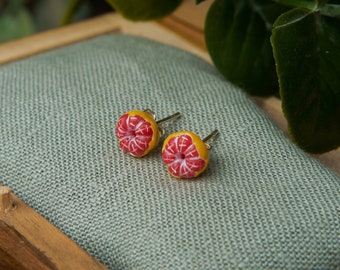 Polymer clay grapefruit earrings studs, realistic grapefruit, fruit jewelry, fruit earrings, red grapefruit stud earrings, sterling silver