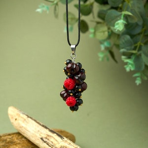 Handmade berry jewelry, polymer clay berry pendant with cherries, raspberries and blackcurrants, black and red jewelry, gift for best friend image 6
