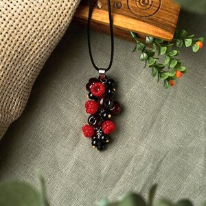 Handmade berry jewelry, polymer clay berry pendant with cherries, raspberries and blackcurrants, black and red jewelry, gift for best friend image 4