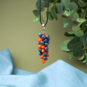 Handmade berry necklace, polymer clay berry pendant with blueberries and sea buckthorns, blue and orange pendant, blueberry necklace image 6
