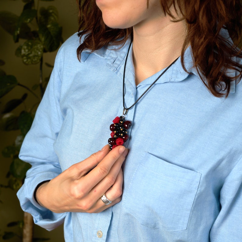 Handmade berry jewelry, polymer clay berry pendant with cherries, raspberries and blackcurrants, black and red jewelry, gift for best friend image 9