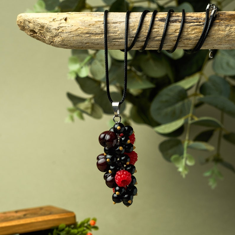 Handmade berry jewelry, polymer clay berry pendant with cherries, raspberries and blackcurrants, black and red jewelry, gift for best friend image 3