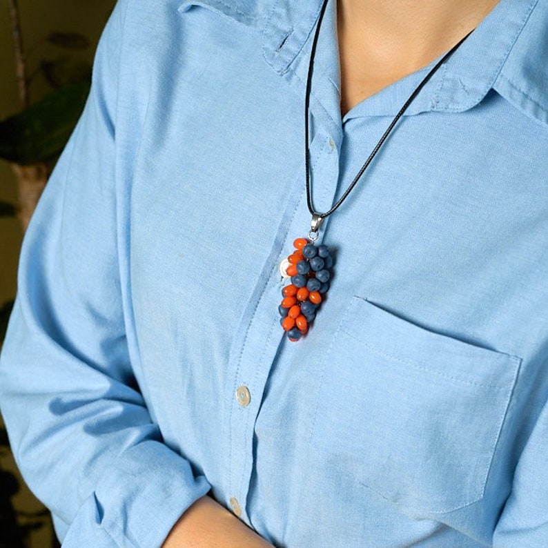 Handmade berry necklace, polymer clay berry pendant with blueberries and sea buckthorns, blue and orange pendant, blueberry necklace image 10