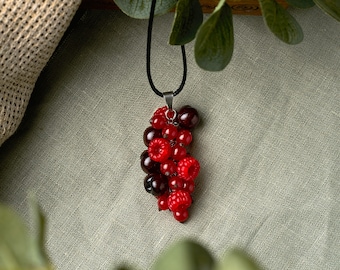 Handmade berry jewelry, polymer clay berry pendant with cherries, raspberries and red currants, red necklace, red berry pendant