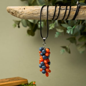 Handmade berry necklace, polymer clay berry pendant with blueberries and sea buckthorns, blue and orange pendant, blueberry necklace image 5