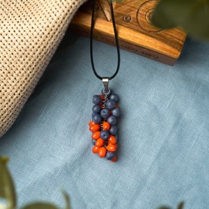 Handmade berry necklace, polymer clay berry pendant with blueberries and sea buckthorns, blue and orange pendant, blueberry necklace image 7