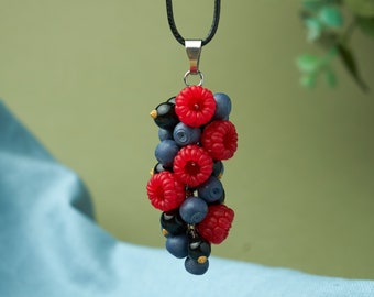 Handmade berry pendant, polymer clay berry necklace with raspberries, blueberries and blackcurrants, red and blue berries, raspberry pendant