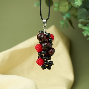 Handmade berry jewelry, polymer clay berry pendant with cherries, raspberries and blackcurrants, black and red jewelry, gift for best friend image 1