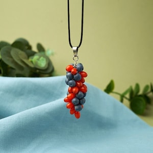 Handmade berry necklace, polymer clay berry pendant with blueberries and sea buckthorns, blue and orange pendant, blueberry necklace image 1