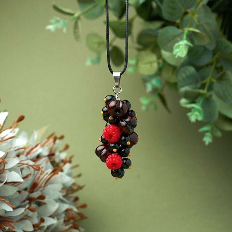 Handmade berry jewelry, polymer clay berry pendant with cherries, raspberries and blackcurrants, black and red jewelry, gift for best friend image 5