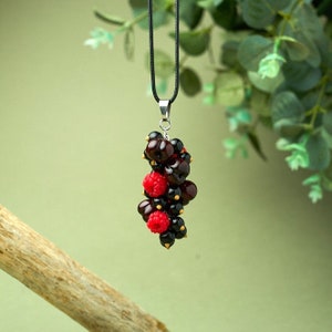 Handmade berry jewelry, polymer clay berry pendant with cherries, raspberries and blackcurrants, black and red jewelry, gift for best friend image 2