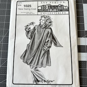 May include: A white sewing pattern envelope for an Ann Person Collectibles New Swing Coat, style 1025. The front features a black and white illustration of a person wearing a swing coat and gloves, with text including bust sizes and copyright 1996.