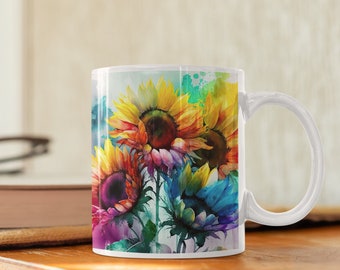 Sunflower Mug Watercolors Sunflower Coffee Mug Sunflower Coffee Cup Gifts For Her Birthday Gift for Mom 11oz Watercolor art Mug Colorful art