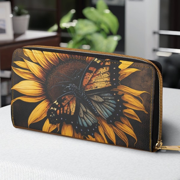 Sunflower Zipper Wallet Ladies Butterfly wallet zip up coin purse card holder gift zipper wallet women change purse with zipper sunflower