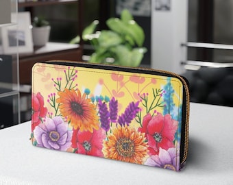 Wildflower Field Zipper Wallet ladies wallet coin purse floral wallet faux leather card holder gardening wallet for mom gift art print purse