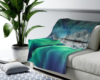 Mighty Aurora Velveteen Plush Minky Blanket velveteen throw northern light nature gift for her art print home decor bedding livingroom throw