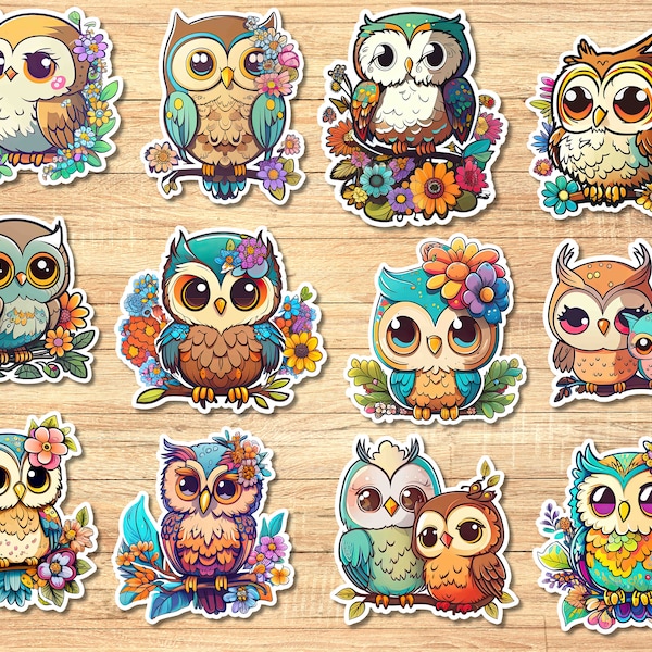Set 12 Cute Kawaii Owl Sticker Mini Sticker laptop sticker planner Boho rainbow sticker scrapbook sticker pack owl sticker retro floral set