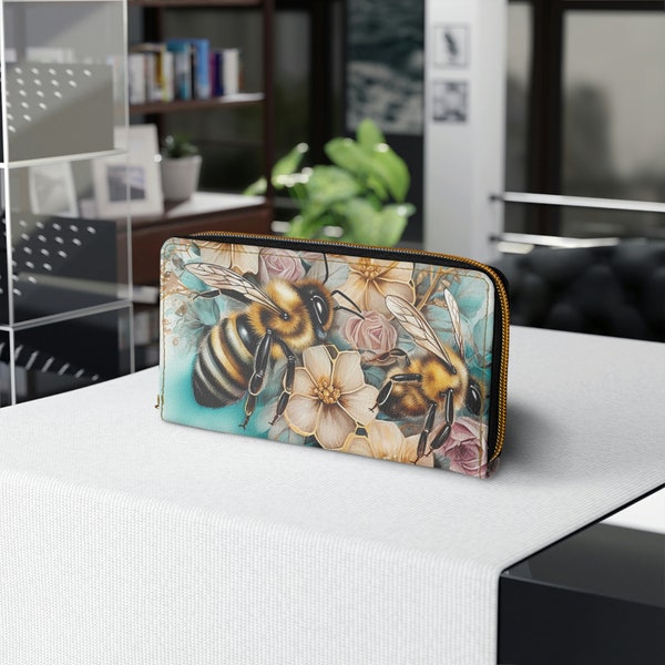 Ladies Bee Wallet womens floral gift wallet floral print bee coin pouch faux leather wallet women garden gift bee art print wallet with bees