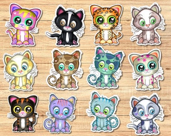 Set 12 Cute Cat Stickers Planner Mini Sticker journal laptop sticker cat lover stickers gift scrapbooking sticker kawaii cat stickers pack