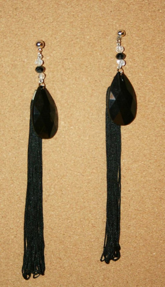 Items similar to Statement Earrings Unique black earrings crystals and tassel on Etsy