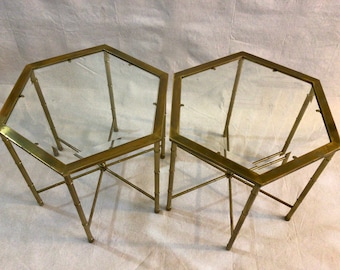 MCM Pair solid brass faux bamboo mastercraft Hollywood regency style, side tables.